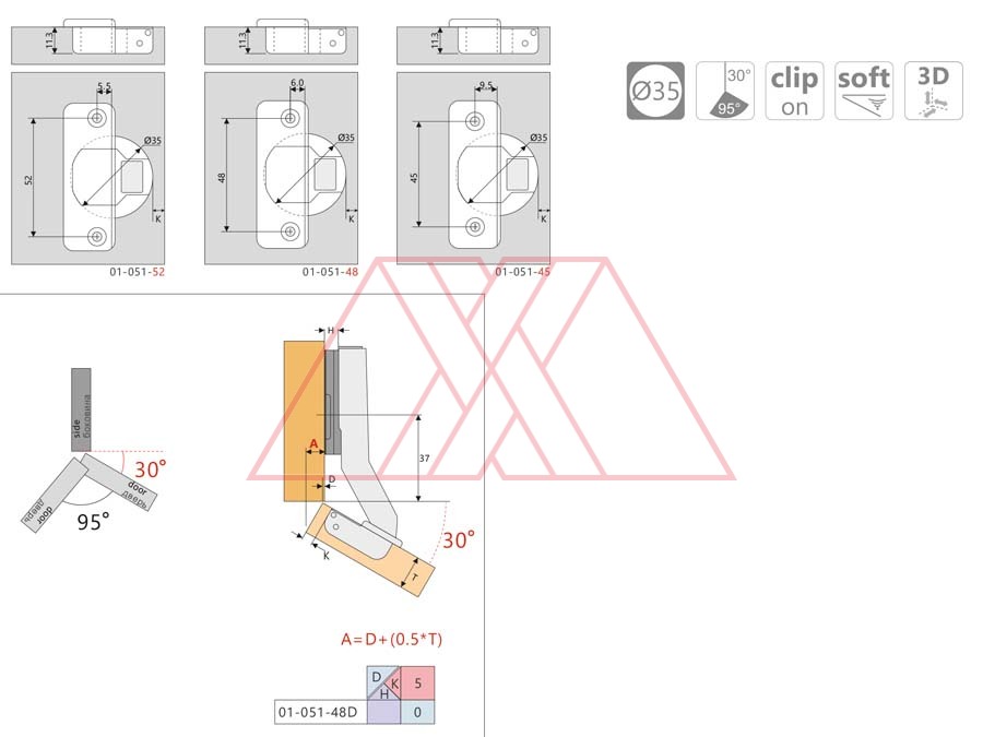 MXXA-041-3D-q | Soft-closing hinge, 30°, 3D