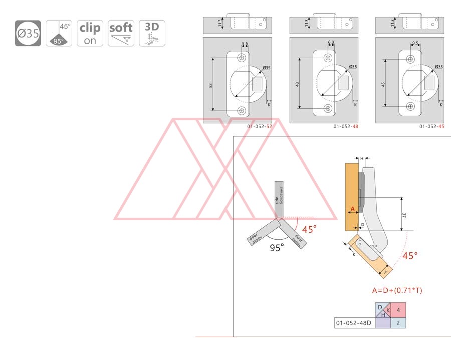 MXXA-042-3D-q | Soft-closing hinge, 45°, 3D